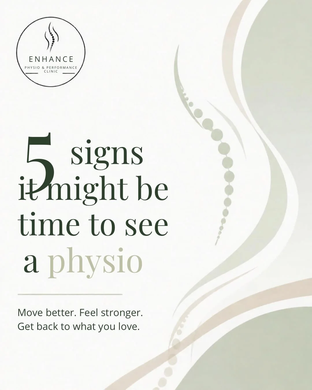 Getting your injury assessed early can help you understand what&rsquo;s causing the problem, what you can safely keep doing, and what you need to do to get back to feeling like yourself again.

If any of the 5 signs in this post sound familiar, it mi