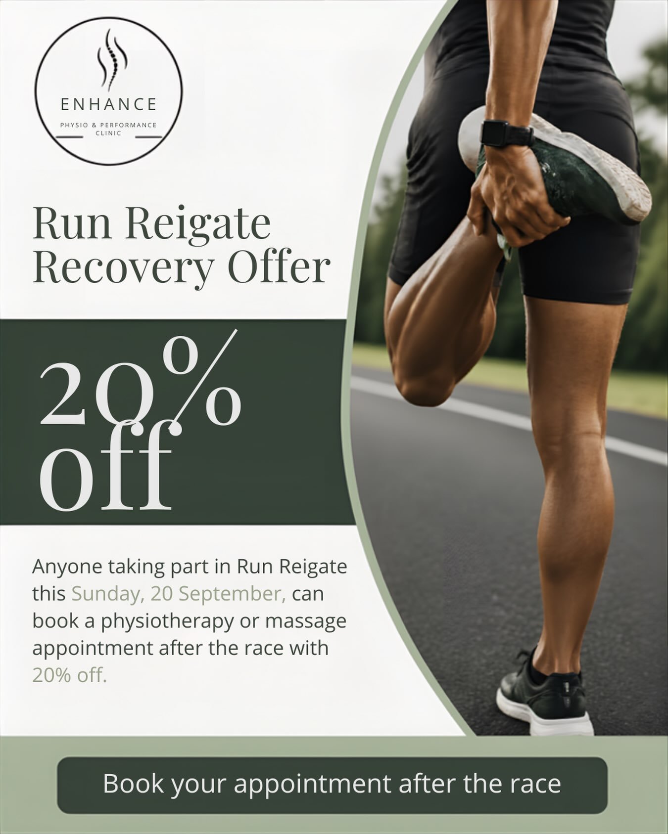 🏃&zwj;♀️Taking part in Run Reigate @runseries_ this Sunday?

Give your body the recovery it deserves.
To support everyone taking on the challenge, we&rsquo;re offering 20% off your first Physiotherapy or Massage appointment at Enhance Physio &amp; P
