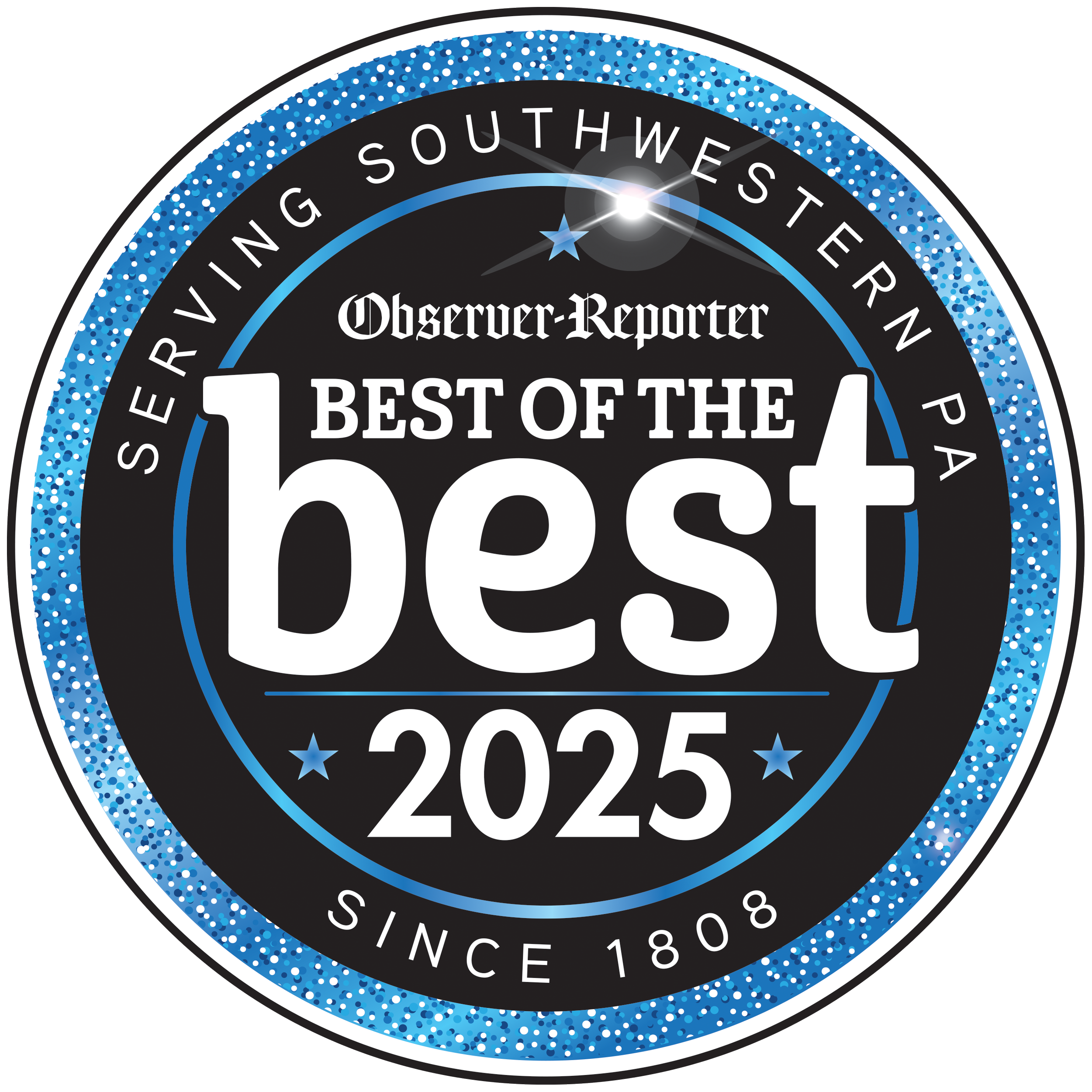 Close-up of a circular badge with a black background, blue glittery border, white text, and stars, indicating an award for 'Best of the Southwest 2025' from the Observer-Reporter.