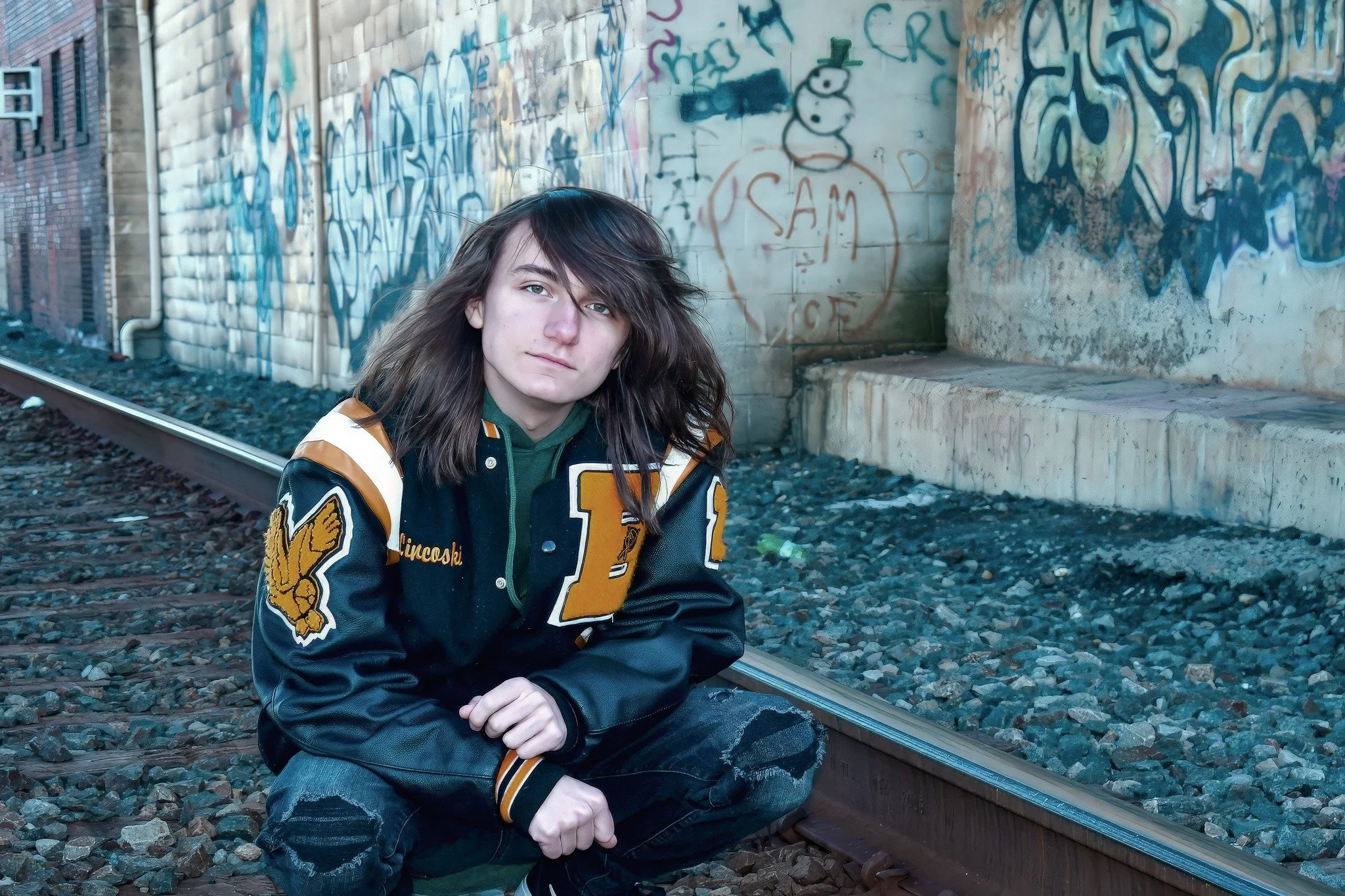 Young woman with brown hair and blue eyes sitting on train tracks, wearing a black jacket with yellow and white patches, in front of a graffiti-covered wall.