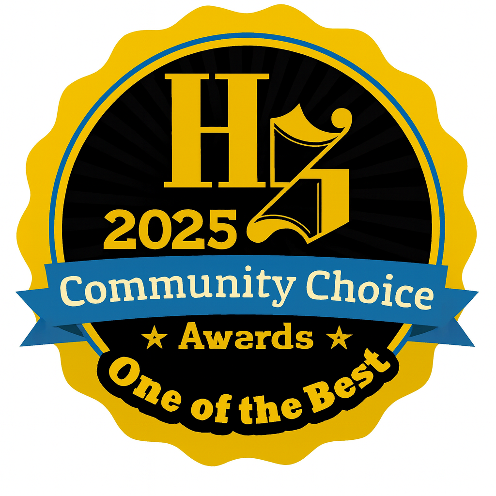 A circular award badge with a yellow scalloped border. Inside, black background with yellow and blue text. Features a hydrogen molecule icon. Text reads '2025 Community Choice Awards - One of the Best'.