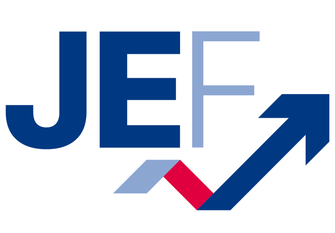 Das Bild zeigt ein Logo mit dem Wort 'JEF' in blauen Buchstaben. Darunter ist eine stilisierte Linie with Farbverlauf, die an einen nach oben zeigenden Pfeil erinnert, in den Farben Grau, Rot und Blau.