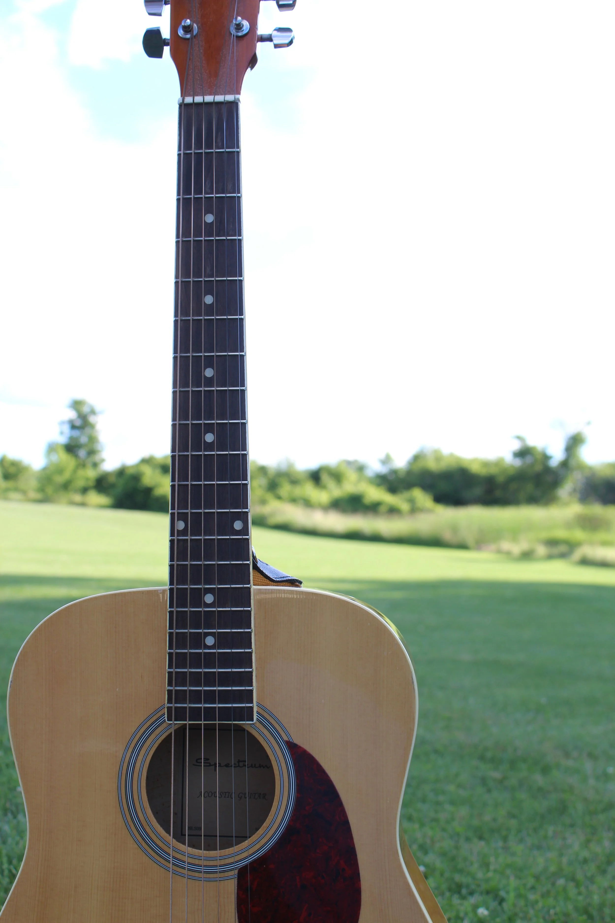 An acoustic guitar is outdoors on a grassy field with trees in the background, captured from the front showing the neck, fretboard, and body of the guitar.