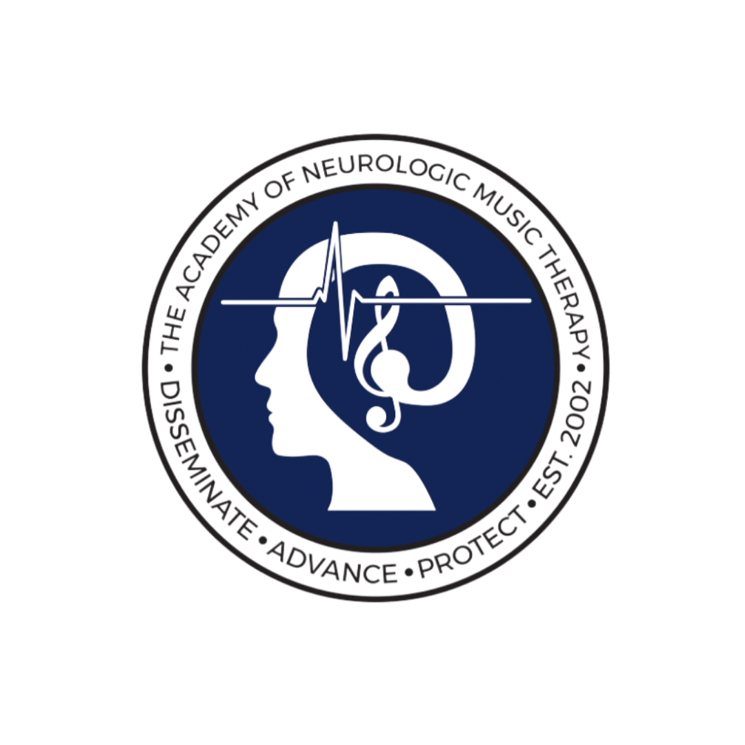 Logo of the Academy of Neurologic Music Therapy, featuring a human profile with a brain and musical notes, encircled by text stating the academy's name and founding year, 2002.