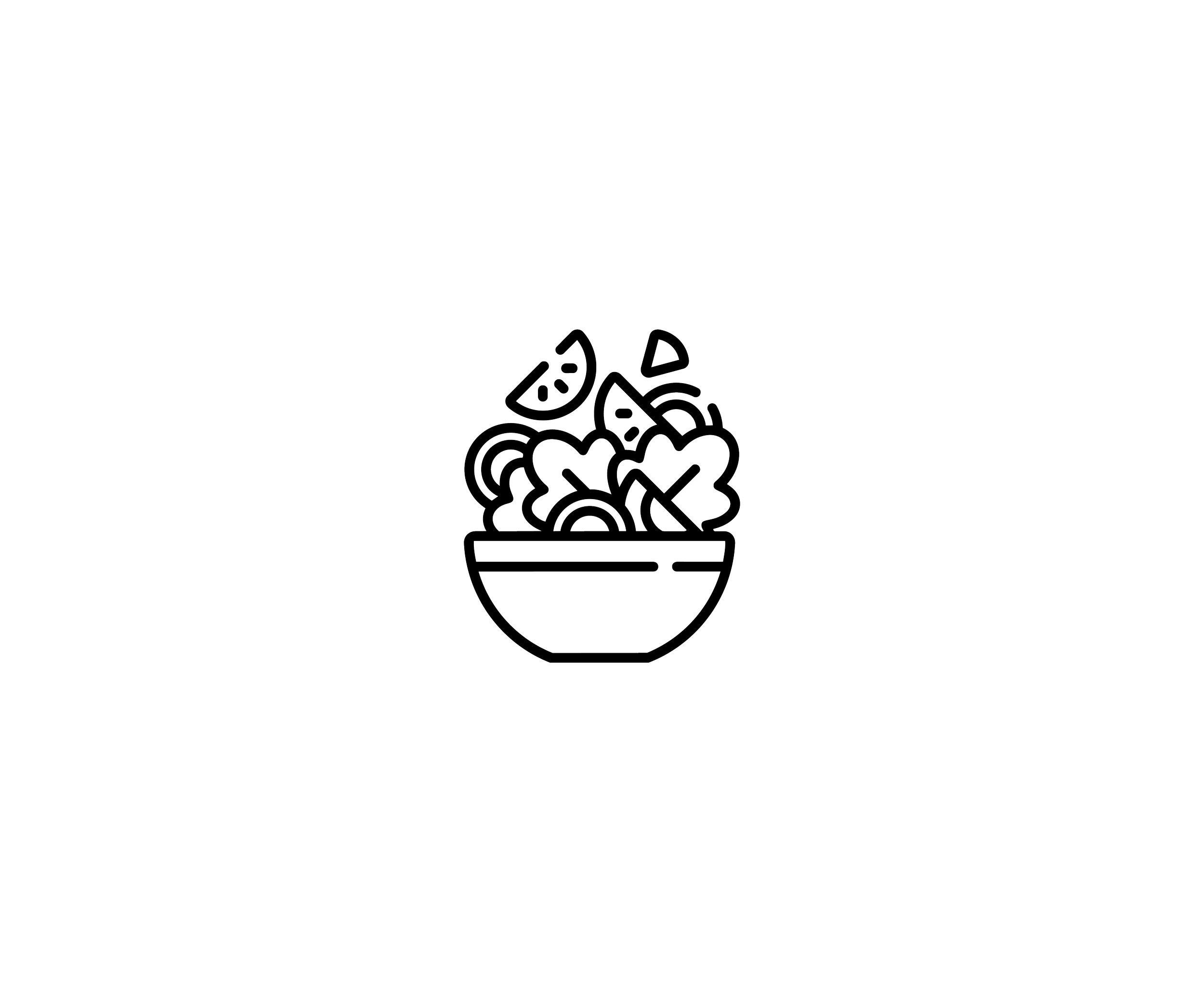 An outline illustration of a bowl of pasta topped with vegetables, representing food and beverage content, by OLA Creative Studio