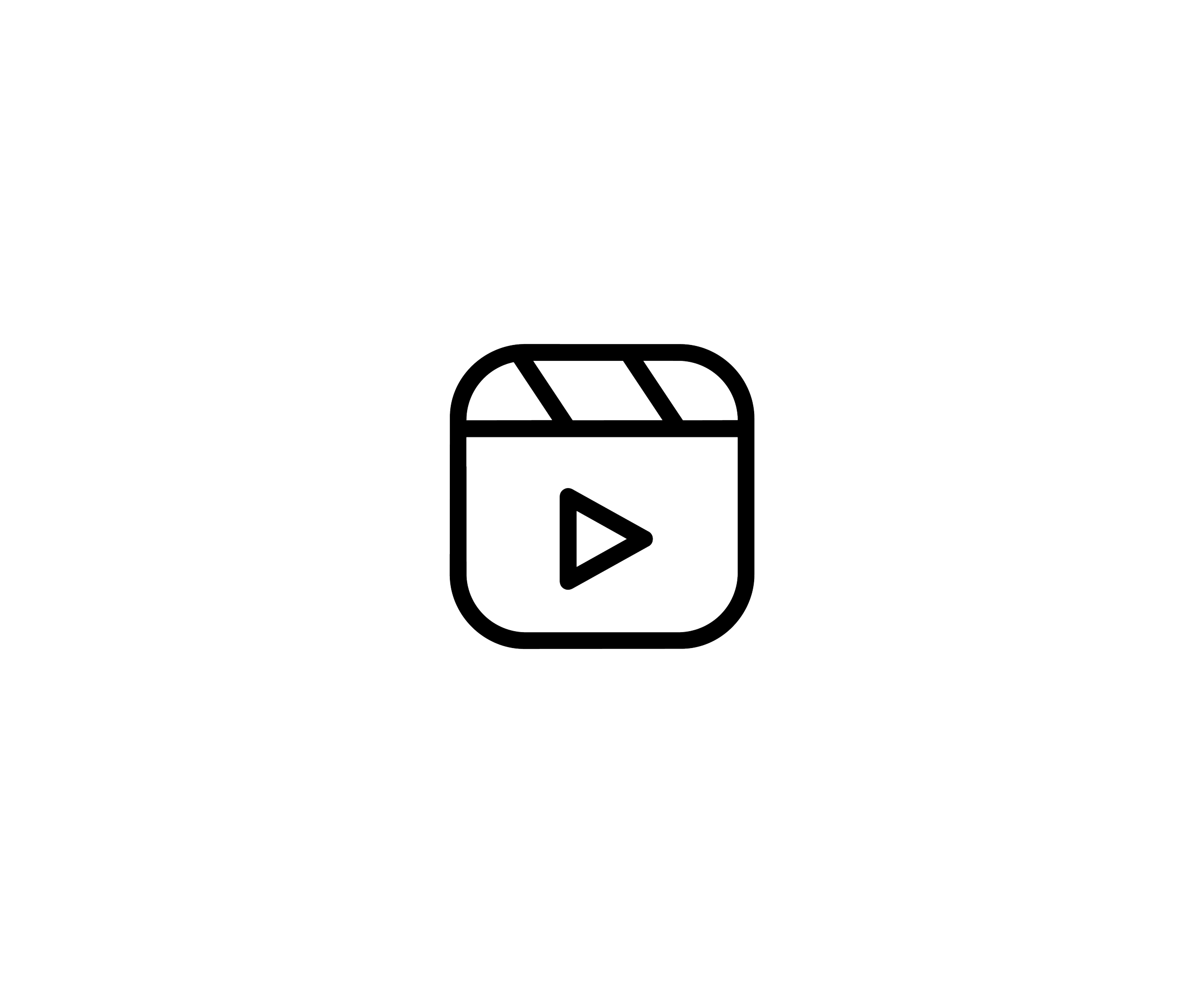An outline illustration of a video camera with a play button on the screen, representing video and reels content, by OLA Creative Studio