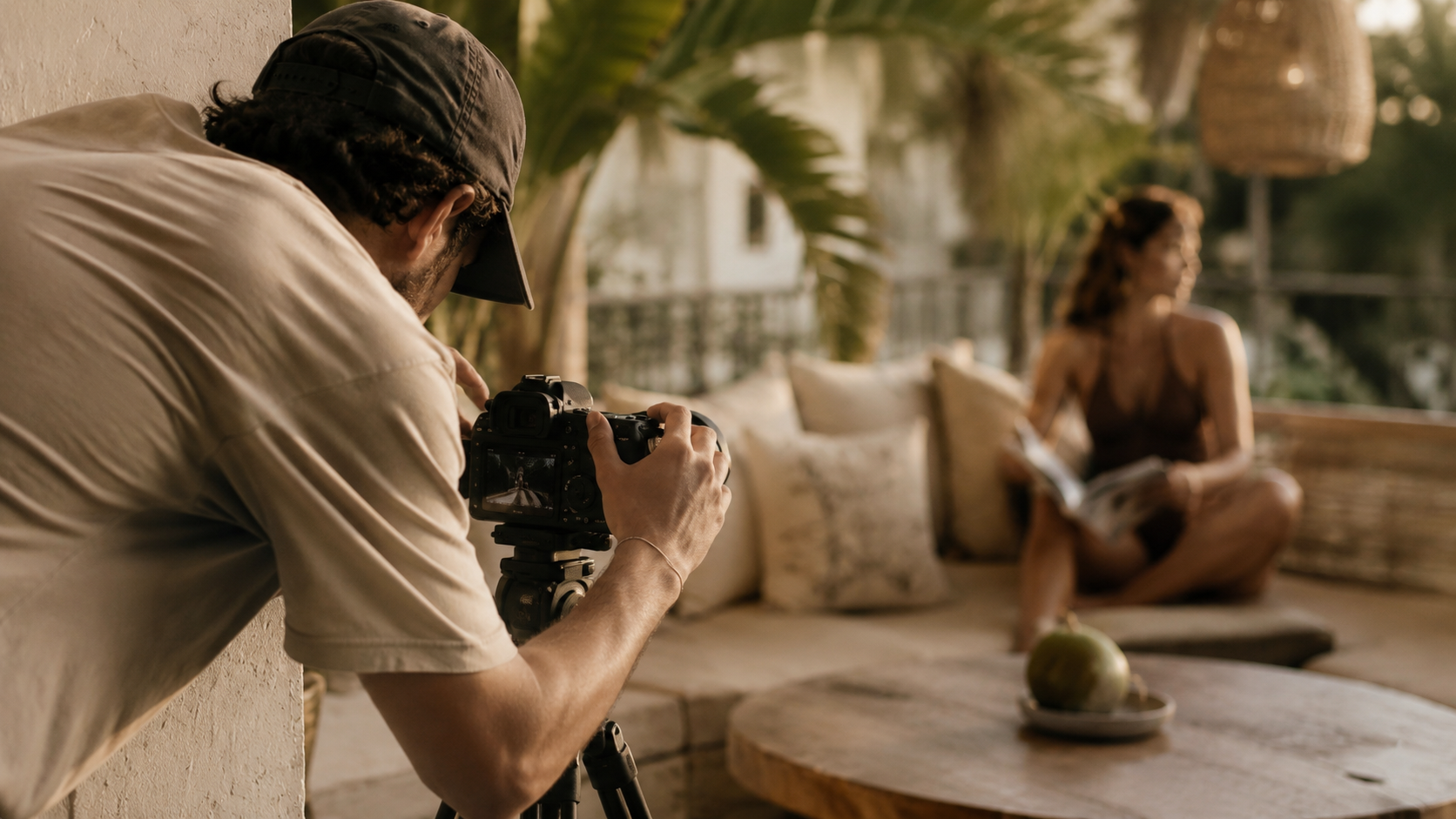 A photographer shooting a styled setup on an outdoor sofa — content production by OLA
