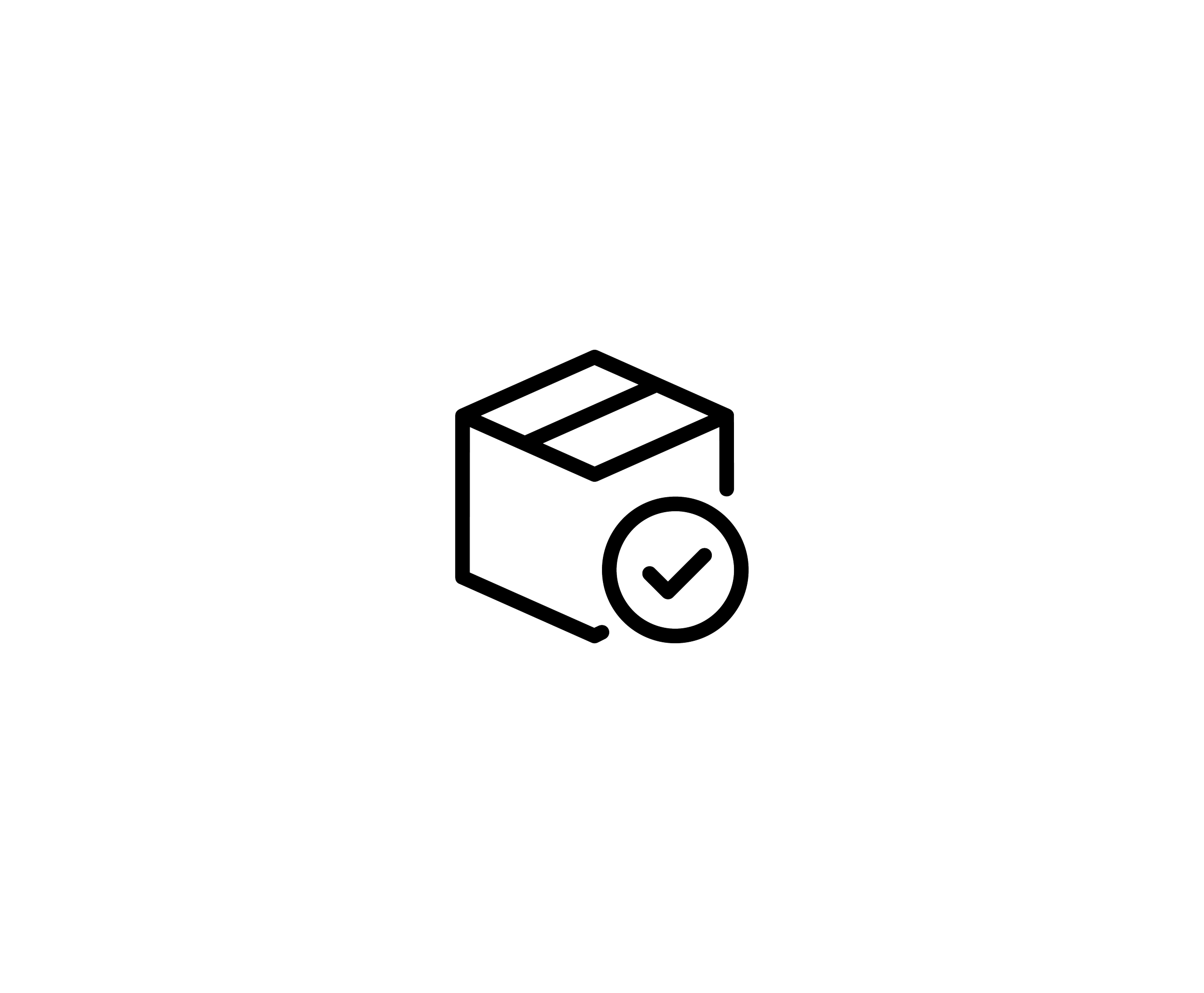 A line illustration of a package box with a checkmark, representing delivery of finished content, by OLA Creative Studio