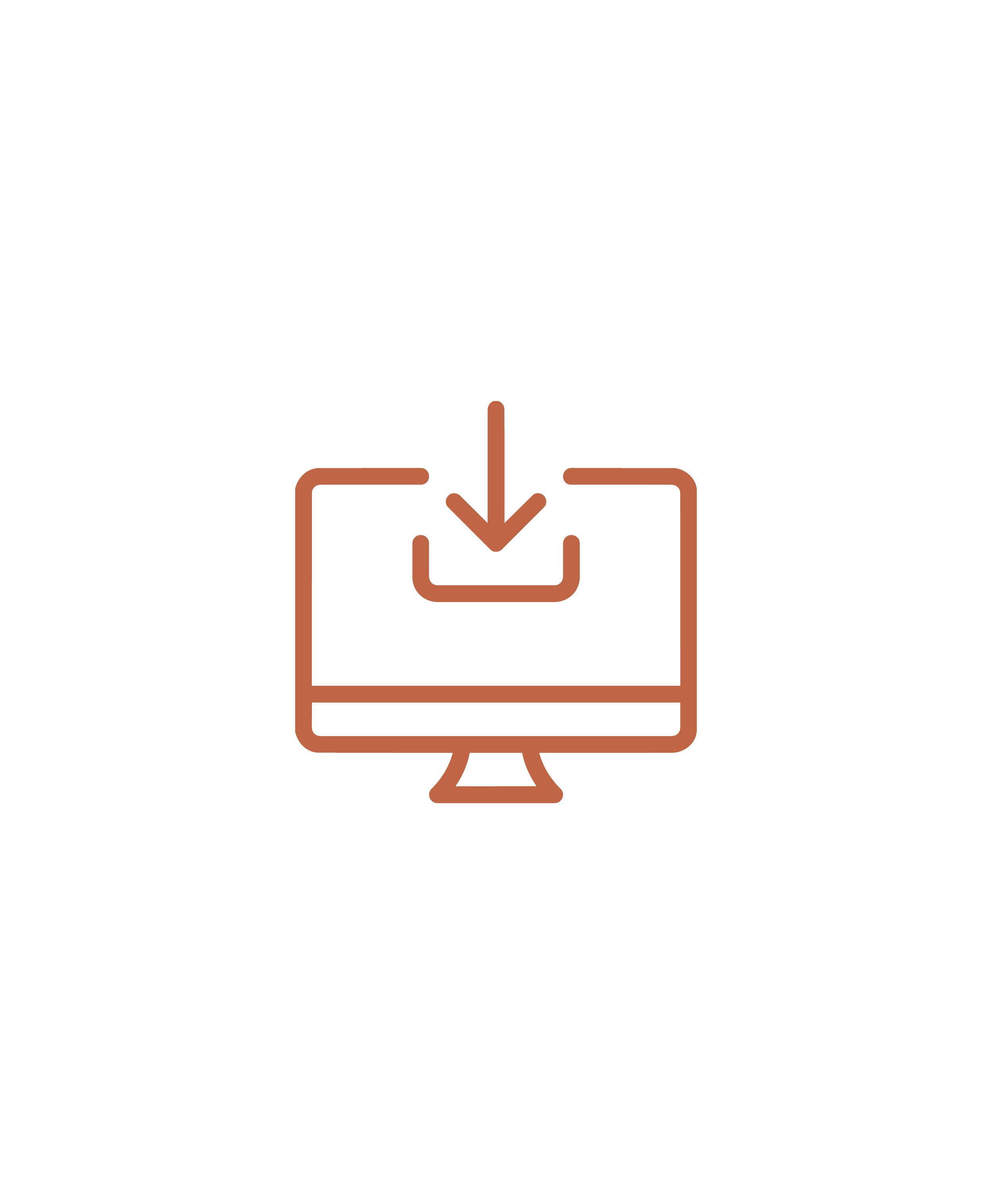 An outline illustration of a computer monitor with a download icon, representing content delivery, by OLA Creative Studio