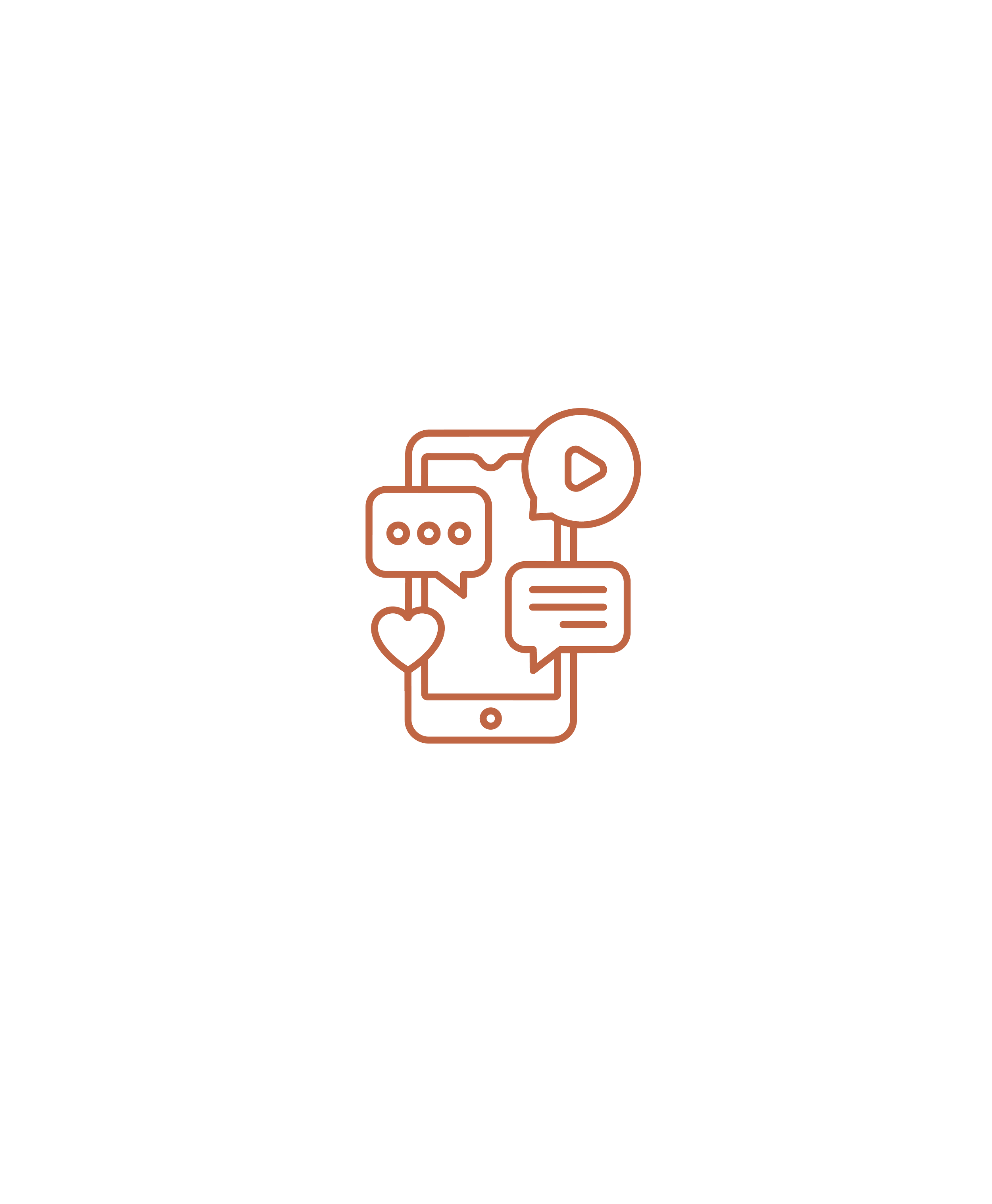 An outline illustration of a smartphone with speech bubbles, a play button, and a heart, representing social media and community, by OLA Creative Studio