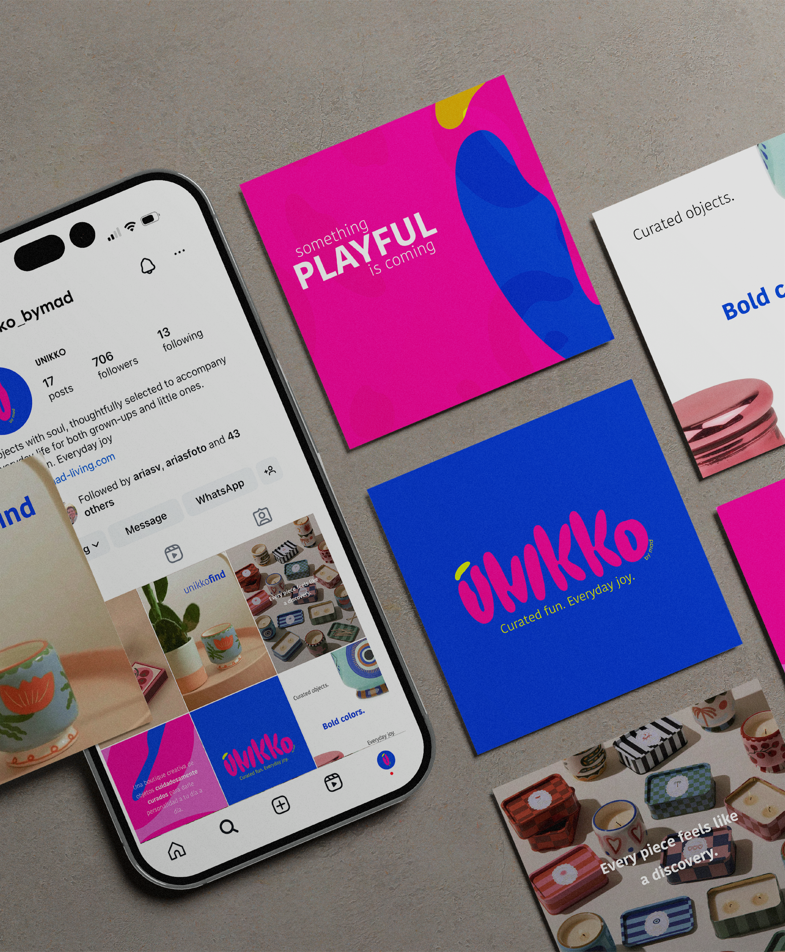 Brand identity shown across a phone screen and product packaging — creative direction by OLA