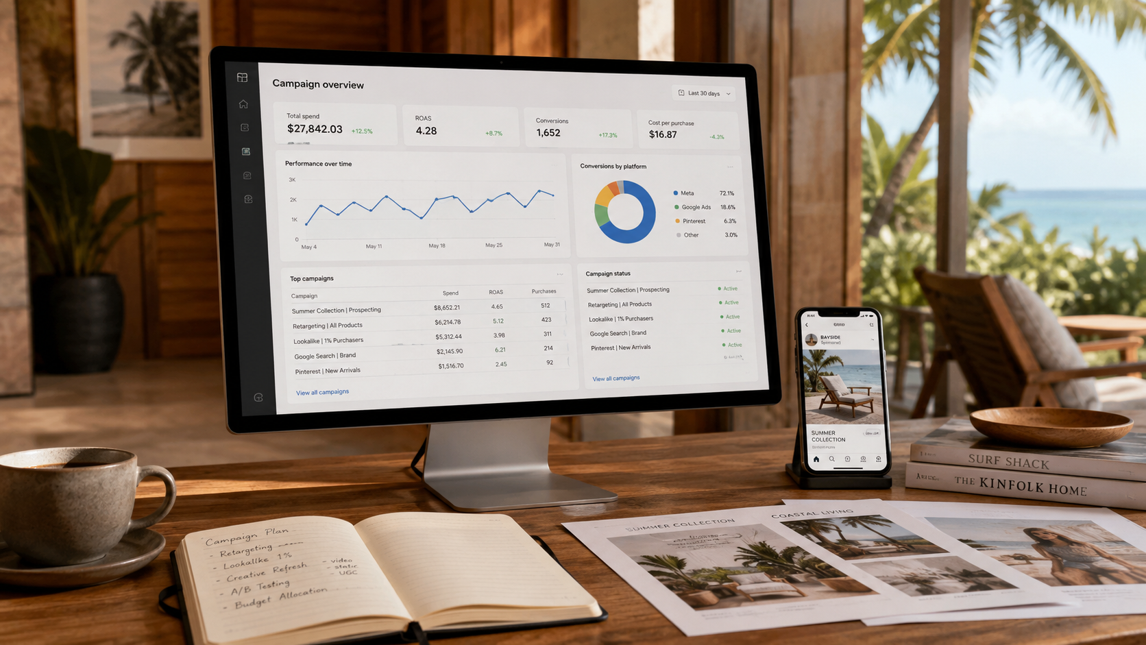 Analytics on a monitor and phone at a desk overlooking the tropics — strategic consulting by OLA