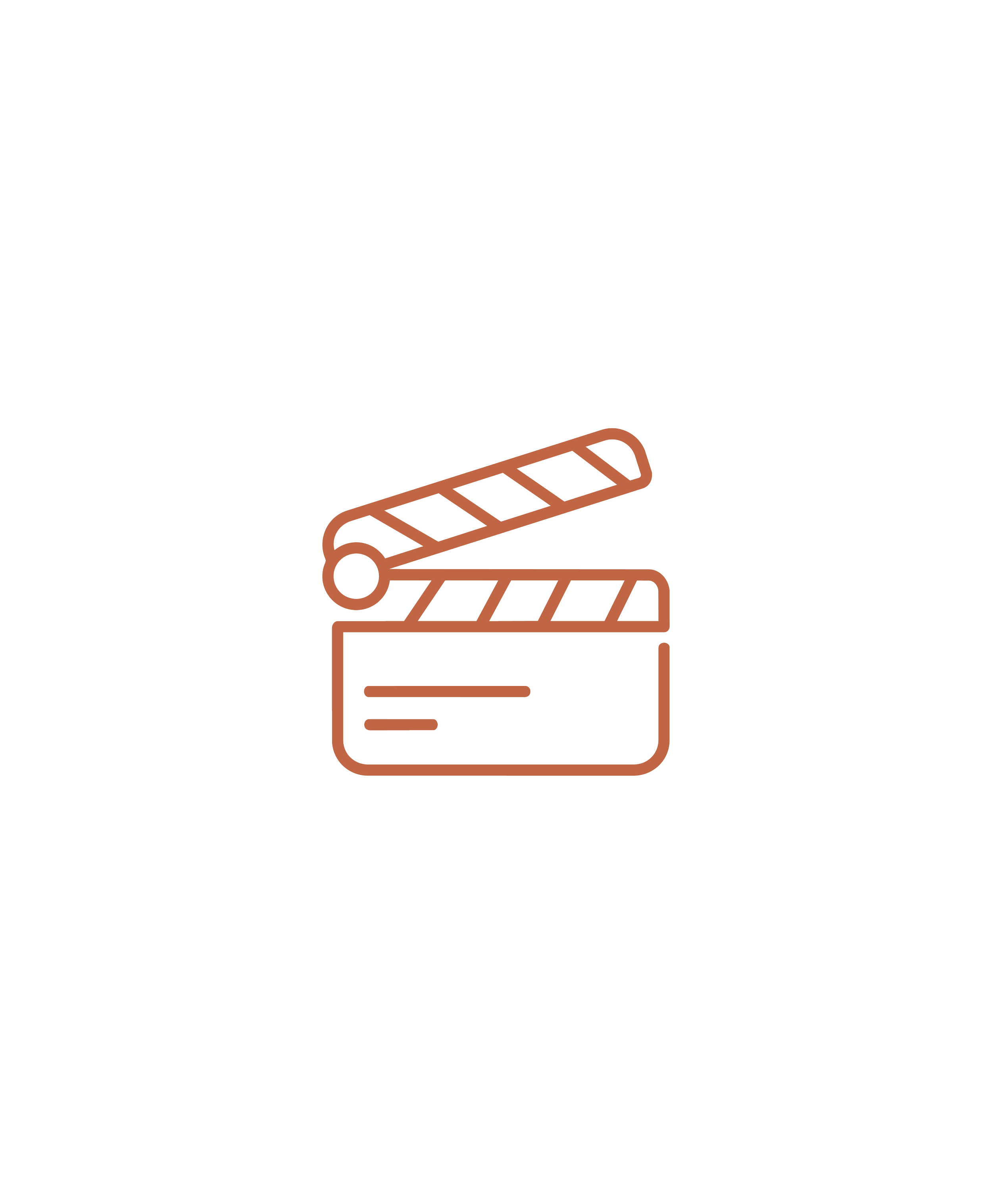 A brown outline illustration of a film clapperboard, representing video production, by OLA Creative Studio