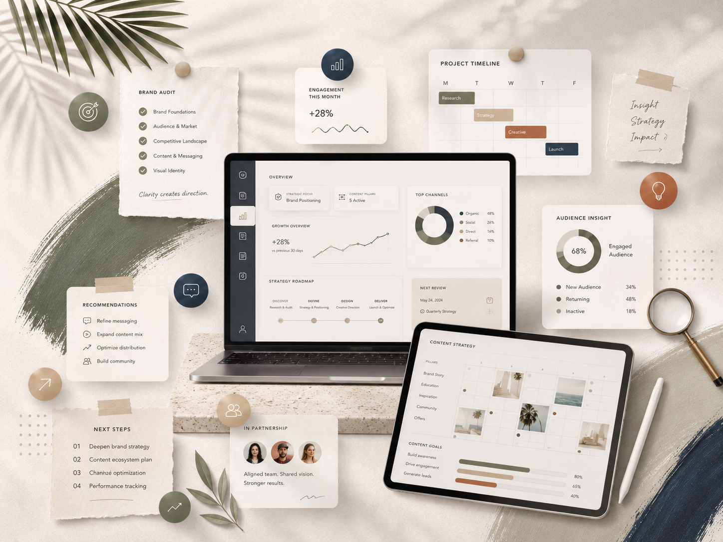 Analytics and strategy dashboards on a laptop and tablet at a desk — strategic consulting by OLA Creative Studio