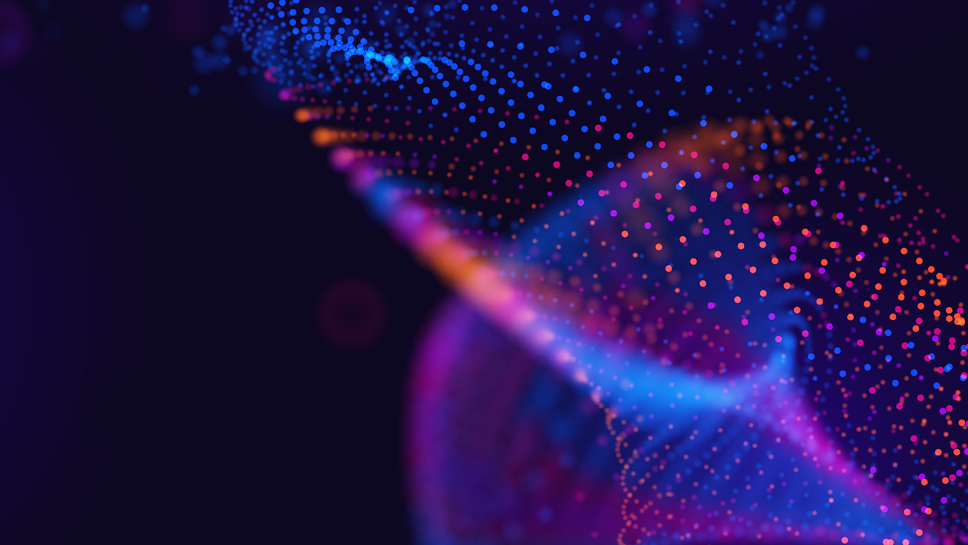 Abstract digital background with multicolored dots forming a flowing, wave-like pattern on a dark background.