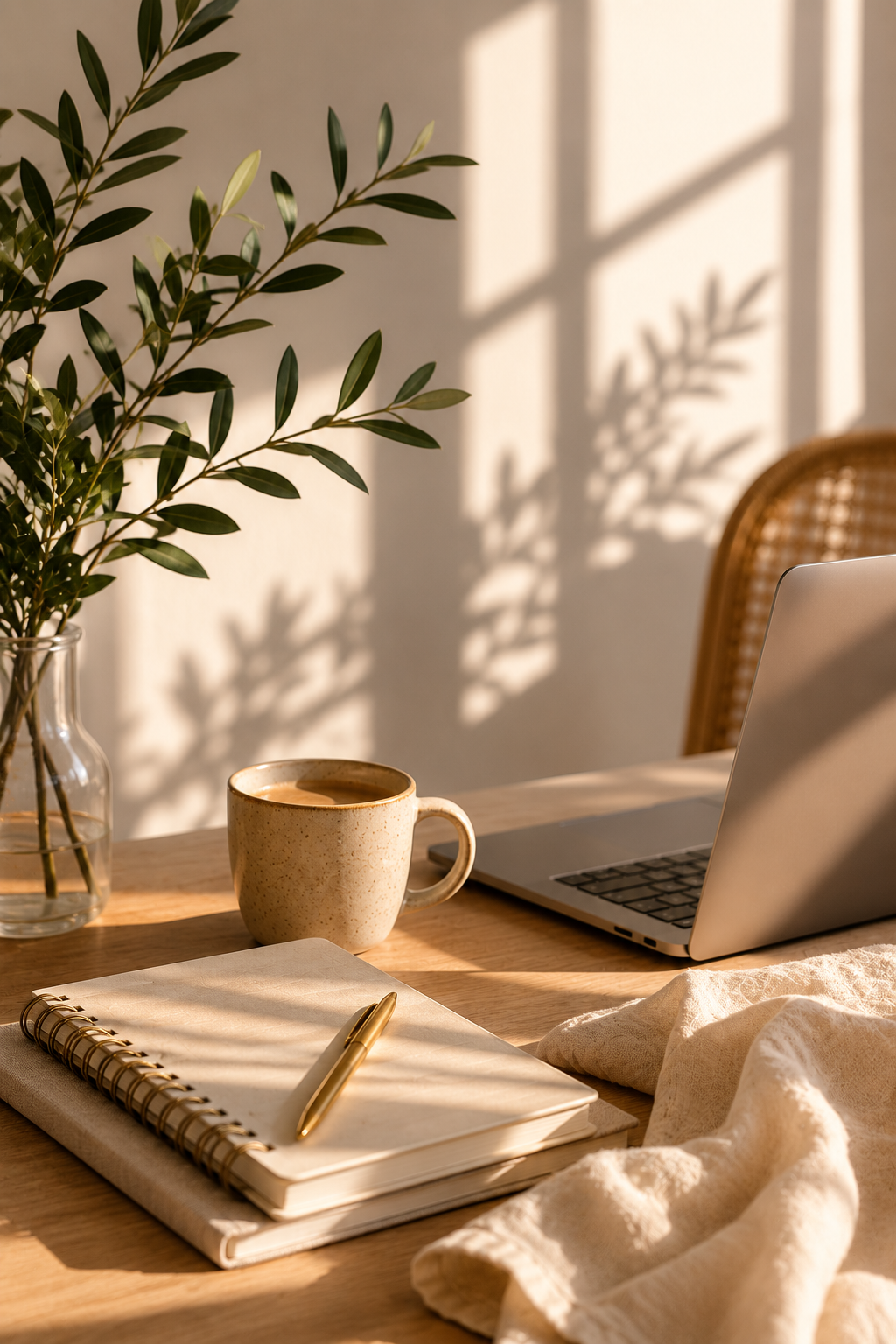 A workspace with a potted plant, a notebook with a gold pen, a mug of coffee, a laptop, a rattan chair, and sunlight casting shadows on the wall.