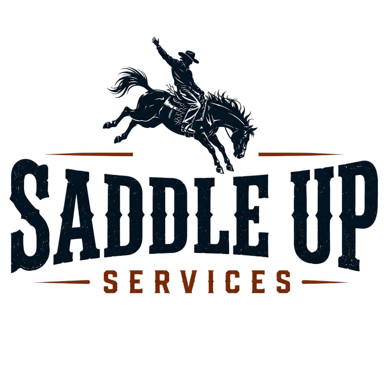 Logo for Sadile Up Services featuring a cowboy riding a bucking horse above the company name in Western-style font.