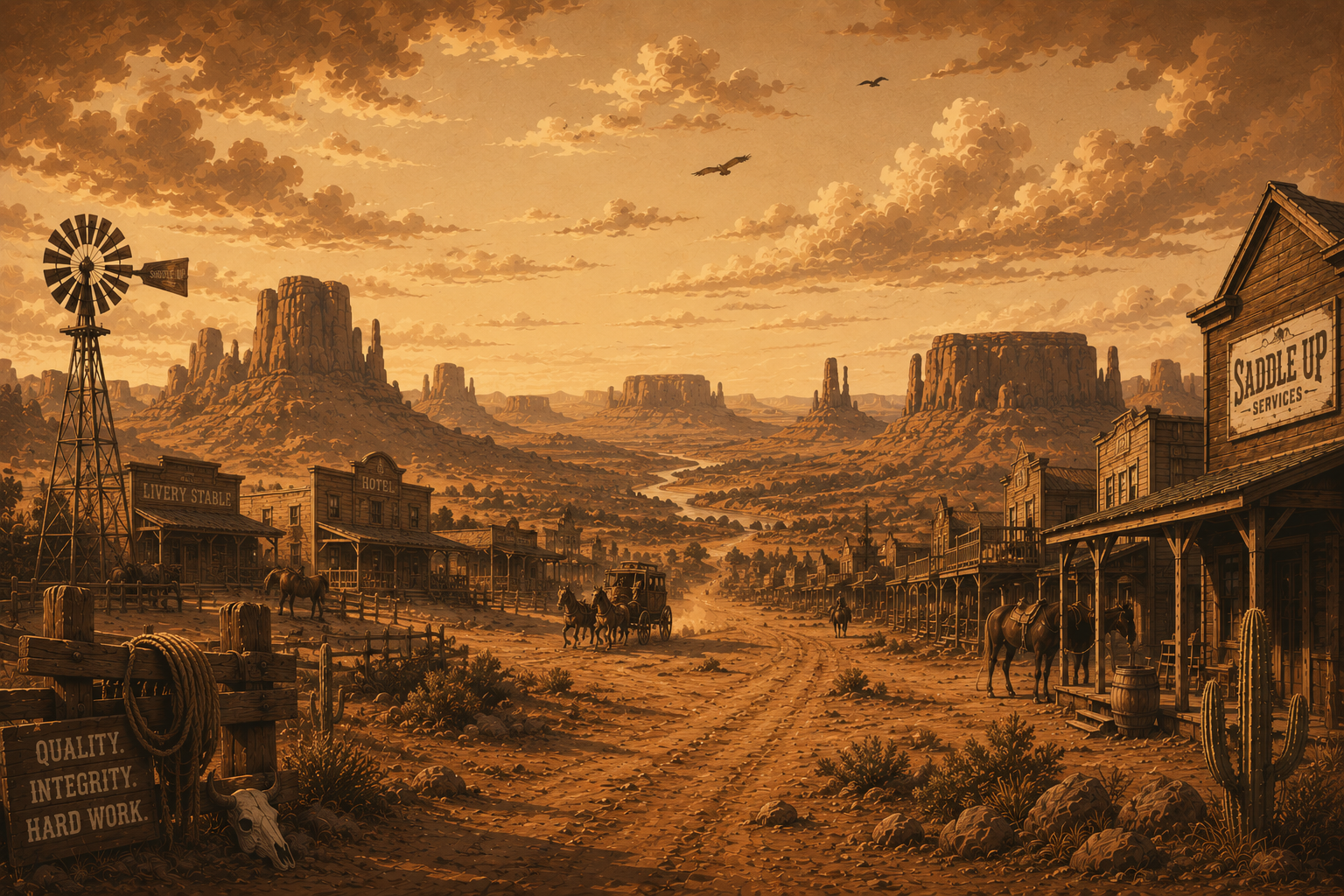 A digitally illustrated western town scene at sunset with buildings labeled 'Livery Stable,' 'Hotel,' and 'Saddle Up Services,' a windmill, horses, a stagecoach, and a dirt road, with a backdrop of buttes and mesas and a sky with clouds and flying birds.