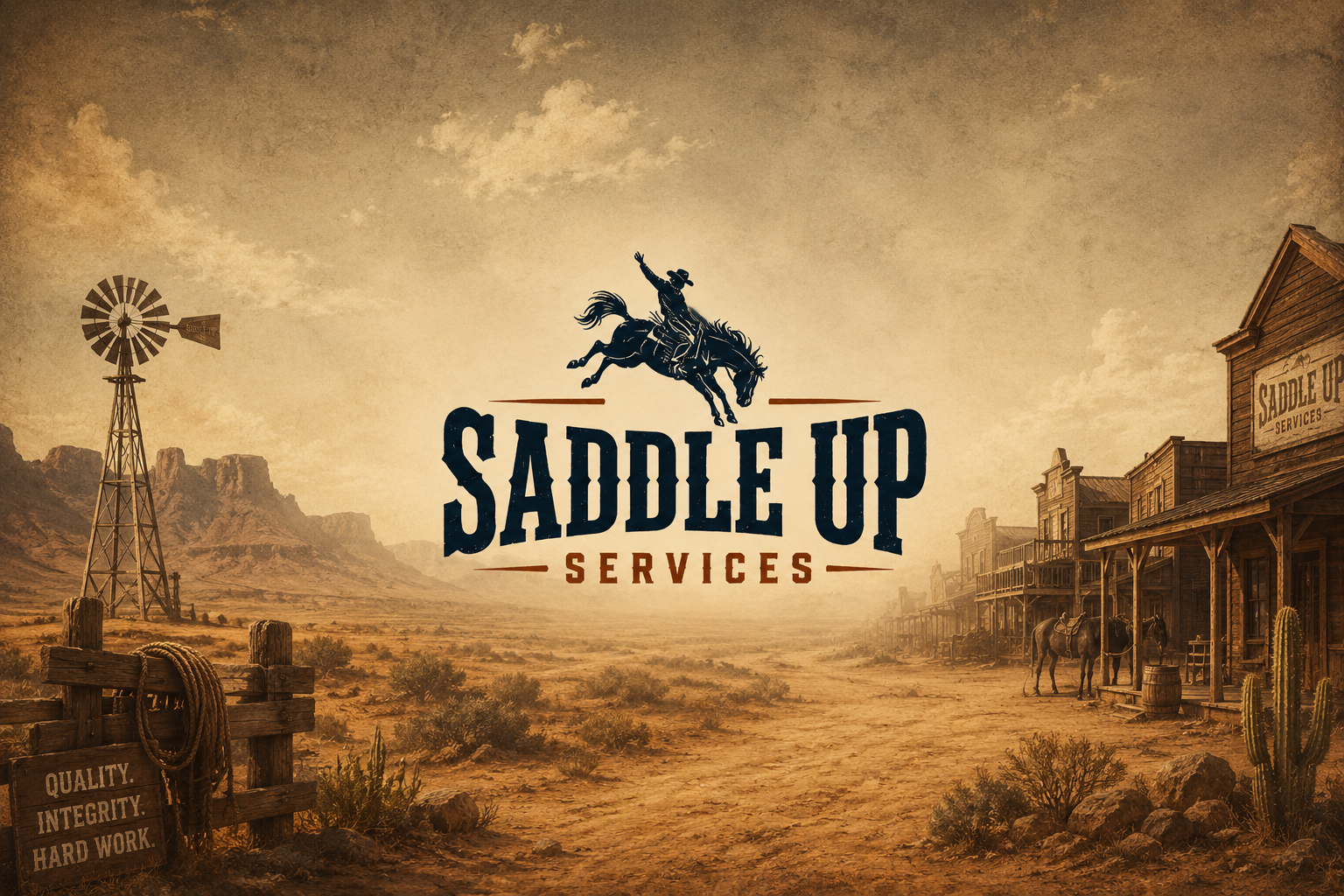A western-style scene with a dirt street, old wooden buildings, horses, cactus, and a windmill in a desert landscape, with the text 'Saddle Up Services' and a cowboy riding a horse at the top.