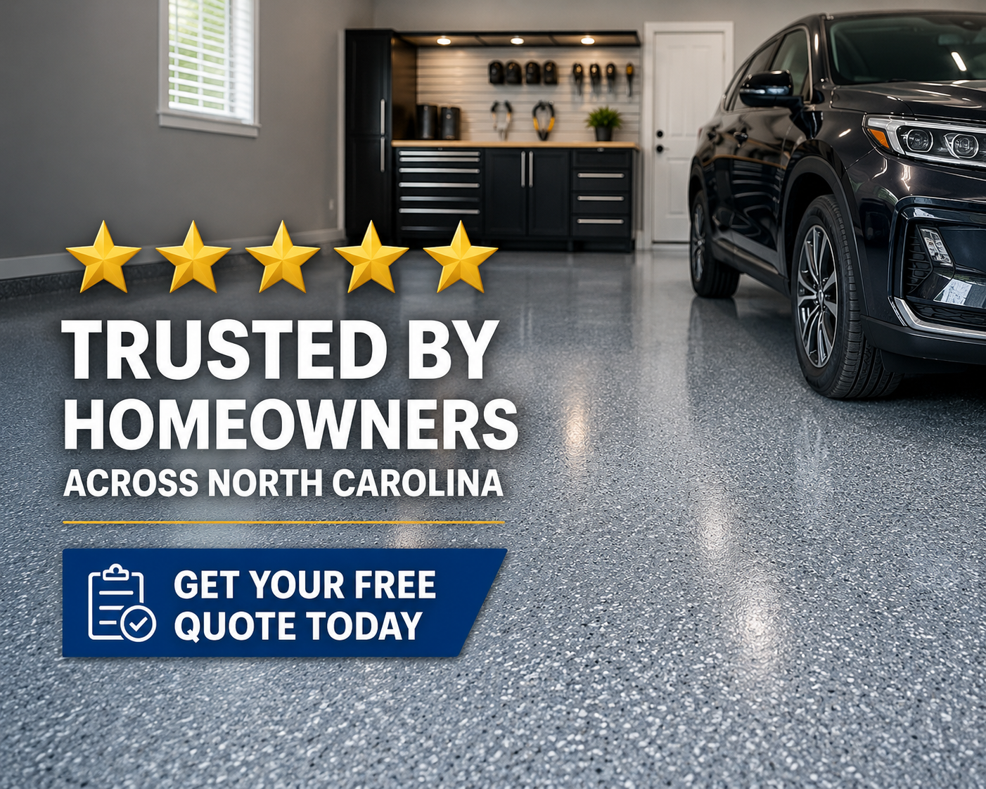 Garage with a black car, tool storage, and a window. Overlaid text and graphics promoting trusted home services in North Carolina with a five-star rating and a call to action to get a free quote.