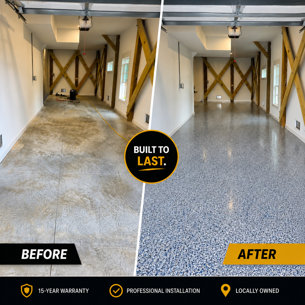 Side-by-side comparison of a room's flooring before and after carpet installation. The left side shows a room with unfinished concrete floors, and the right side shows the same room with newly installed patterned carpet. The room has wooden supports on the walls and a garage door overhead.