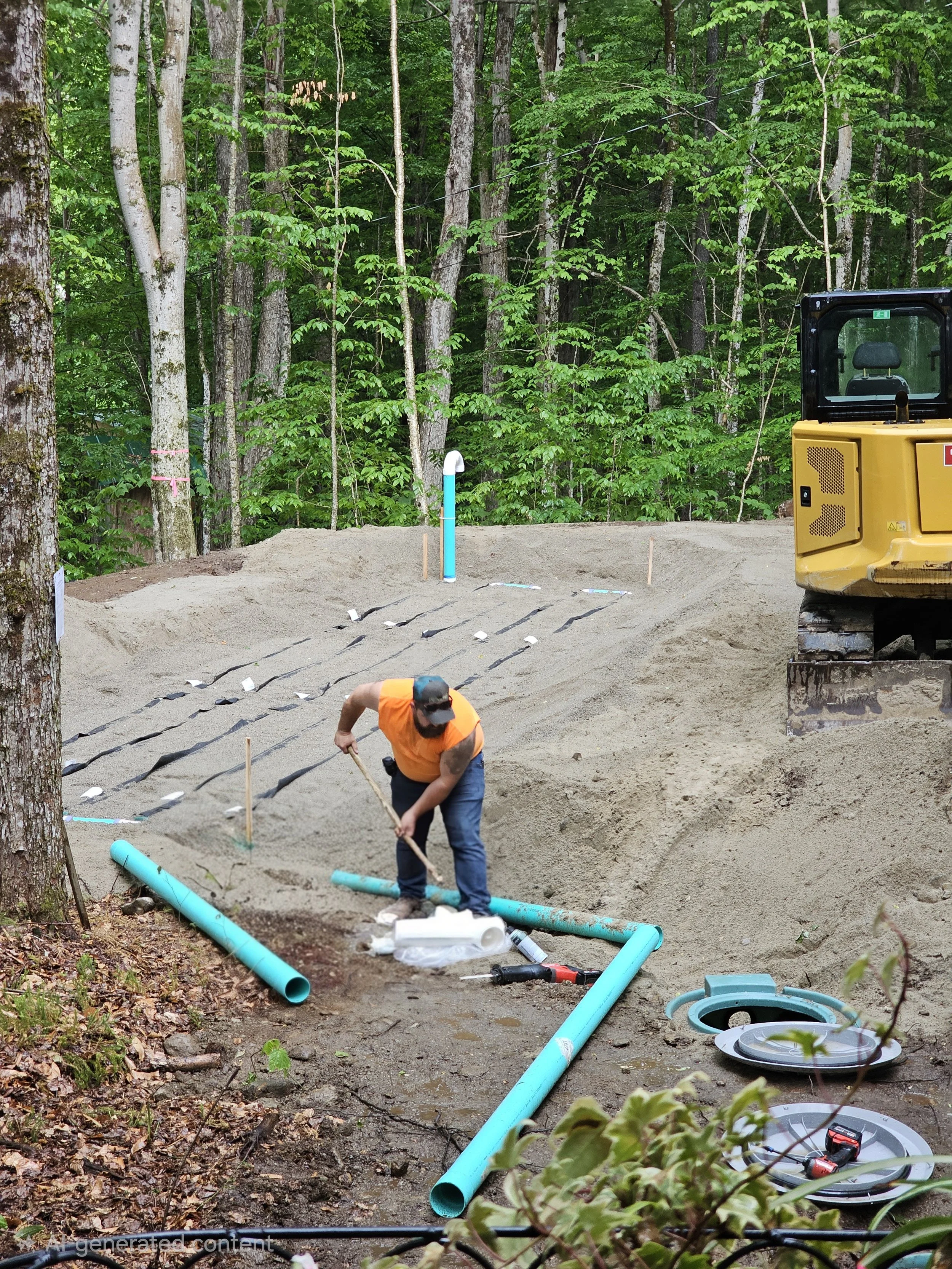 Construction workers installing underground piping in a forested area, with data pipes, tools, and equipment visible.