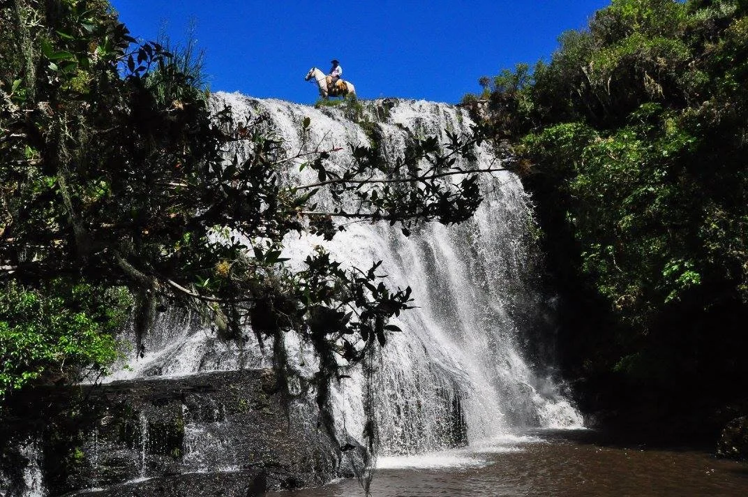 Person riding a horse on top of a waterfall with lush greenery surrounding.