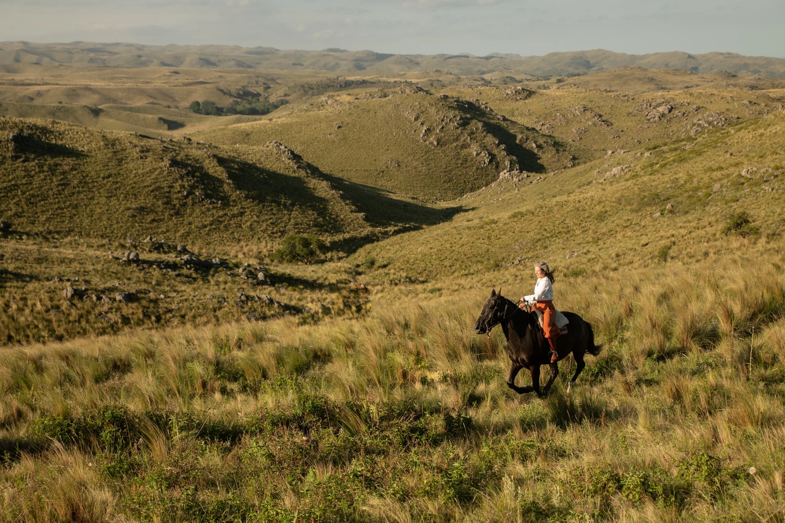 A woman riding a dark horse through a grassy landscape with rolling hills in the background.