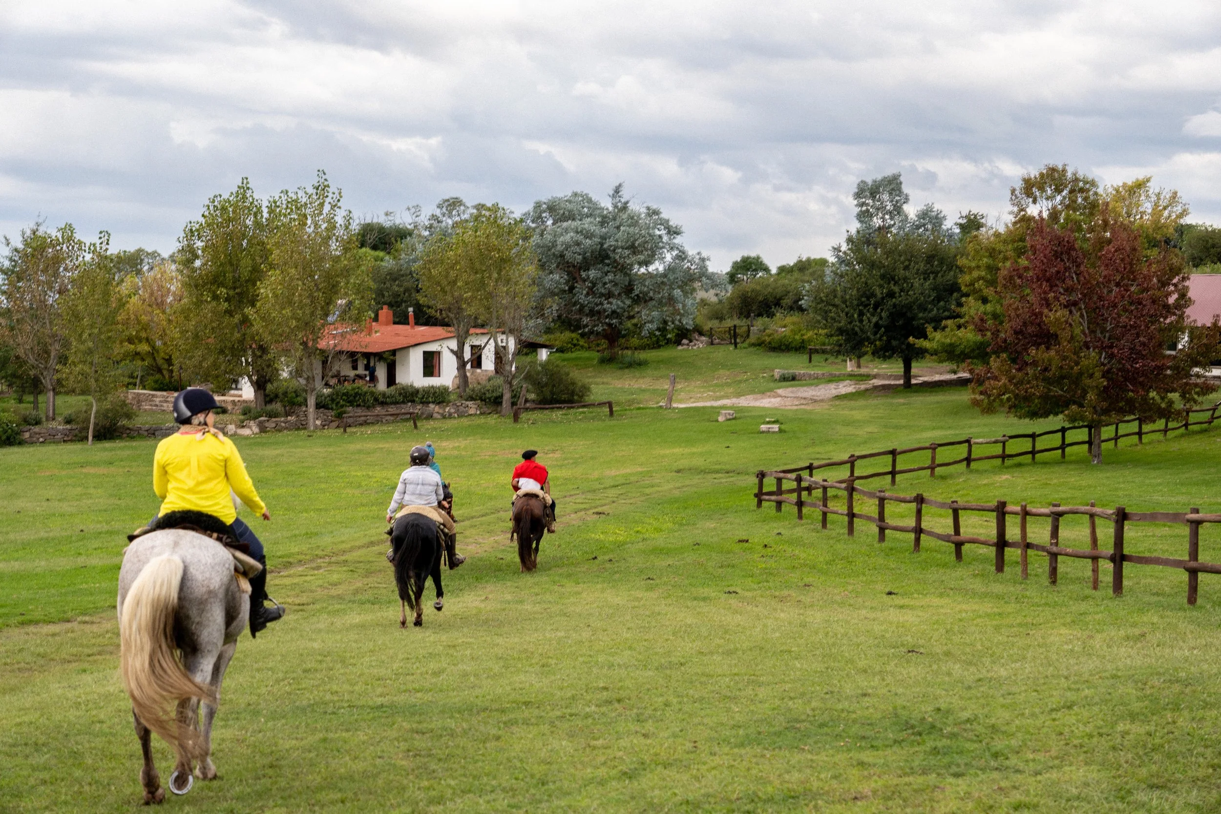 People riding horses on a grassy field with trees and houses in the background.