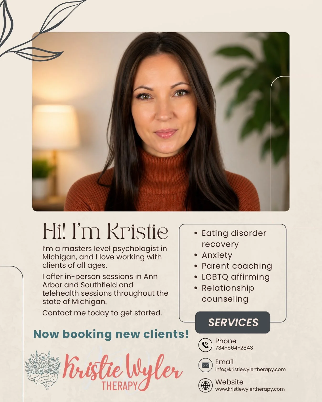 Time for a reintroduction! I&rsquo;m Kristie Wyler, a masters level psychologist and Certified Eating Disorder Specialist in Michigan. I love working with clients of all ages and offer in-person sessions in Ann
Arbor and Southfield, and telehealth se