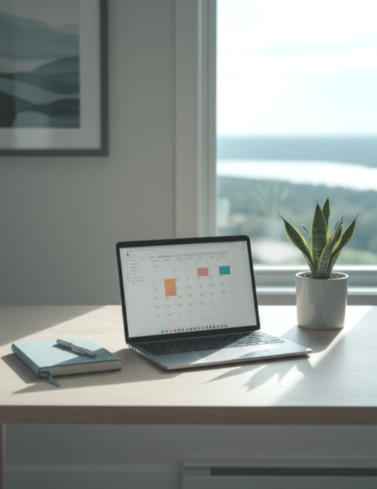 Laptop, notebook, pen, and a potted plant on a desk by a window showing a scenic view.