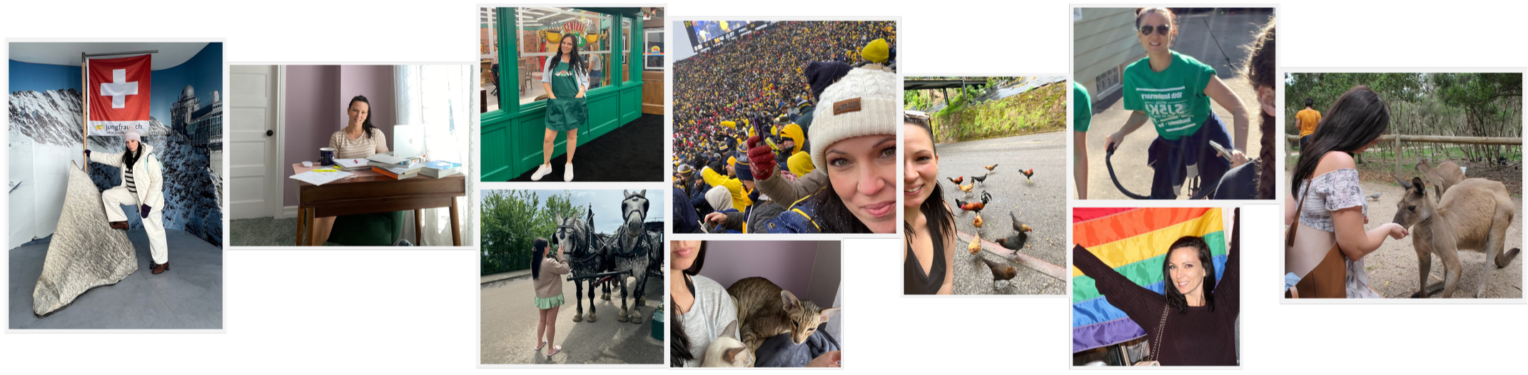 Collage of various people and scenes, including a woman at a Swiss flag and mountain backdrop, a woman at a desk, a woman in green viridian shorts and T-shirt at a store, a large crowd at a sports event, women at an outdoor animal enclosure, a girl with a horse, people at a parade with a rainbow flag, and a woman petting kangaroos.