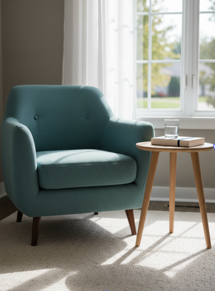 A teal armchair next to a small round wooden table with a glass of water and a book on it, in front of a window with white curtains, sunlight streaming in.