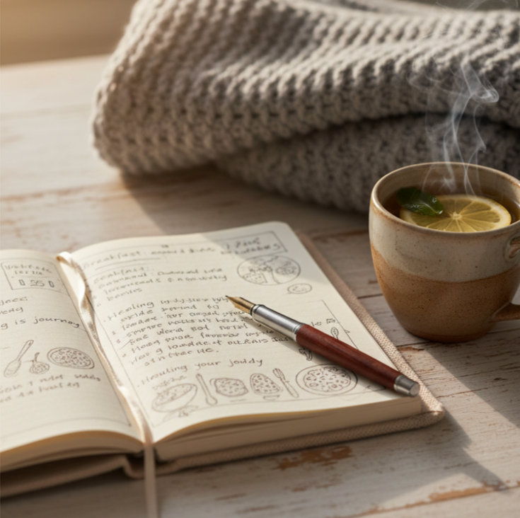 A cozy scene with an open journal filled with handwritten notes and sketches of recipes, a silver and brown pen resting on it, a steaming hot mug of lemon and lime infused tea, and a knitted blanket in the background on a rustic wooden table.
