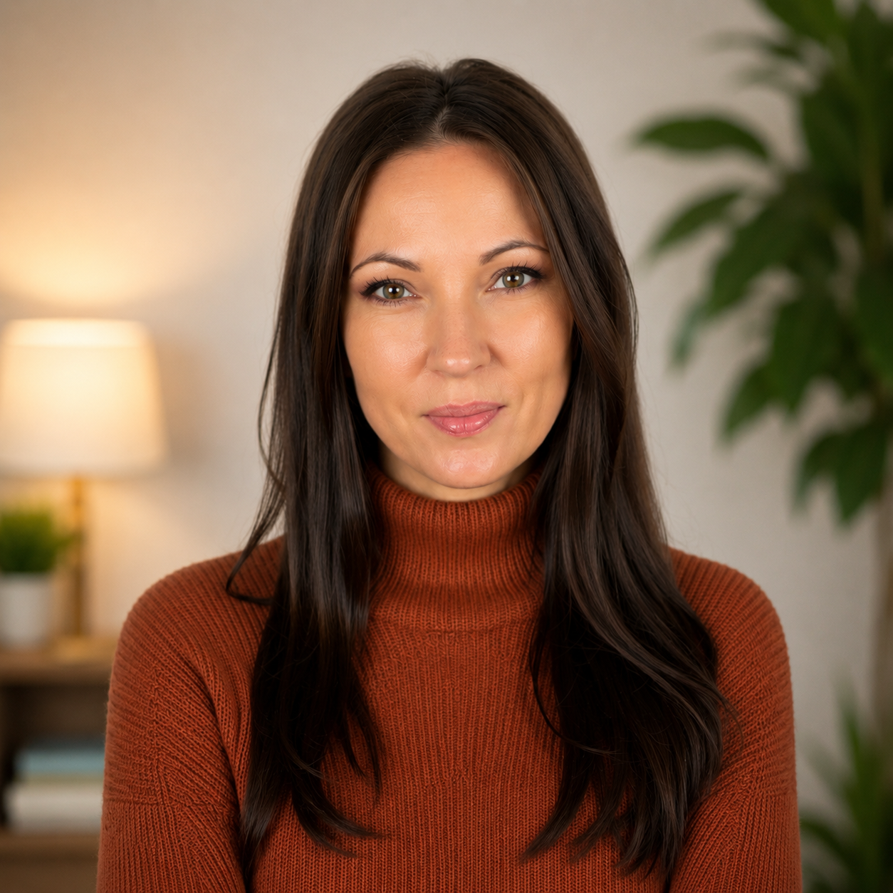 Portrait of a woman with long dark brown hair wearing a burnt orange turtleneck sweater, smiling slightly in an indoor setting with a lamp and greenery in the background.
