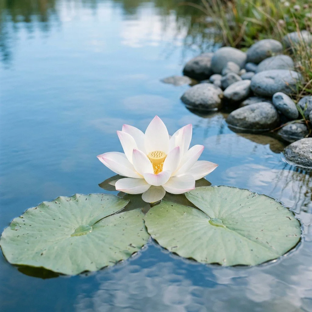 White lotus on calm blue water beside green lily pads