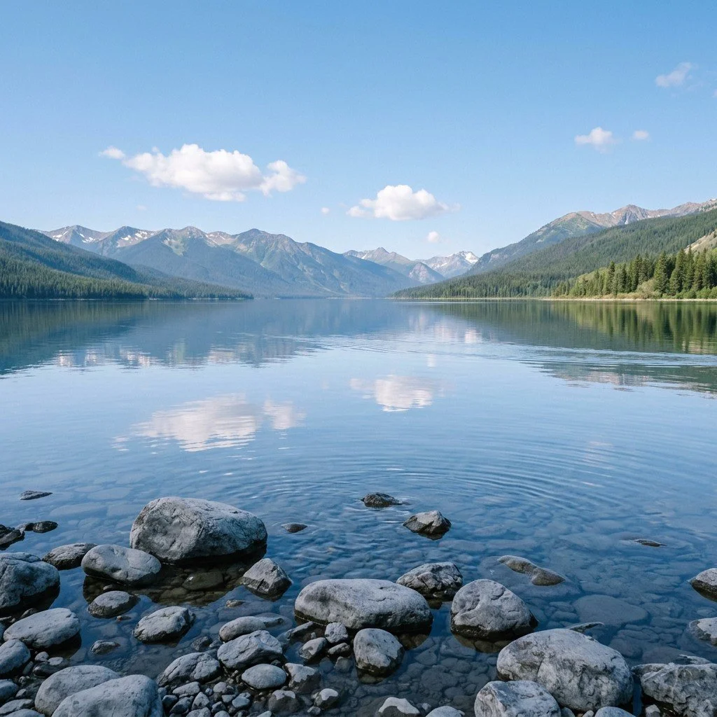 Still lake reflecting a blue sky with gray rocks in the foreground