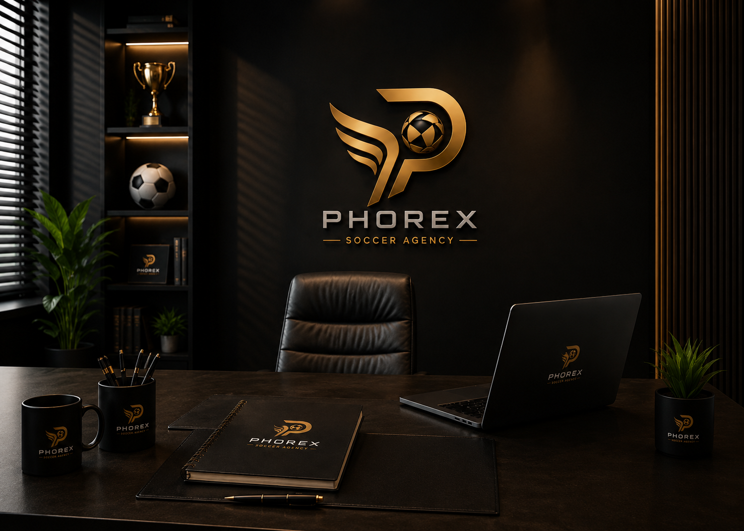 Modern office desk with a black leather chair, laptop, notebooks, mug, and cup branded with Phorex Soccer Agency logo, with a dark wall behind displaying the Phorex Soccer Agency logo and shelves with a trophy, soccer ball, and plants.