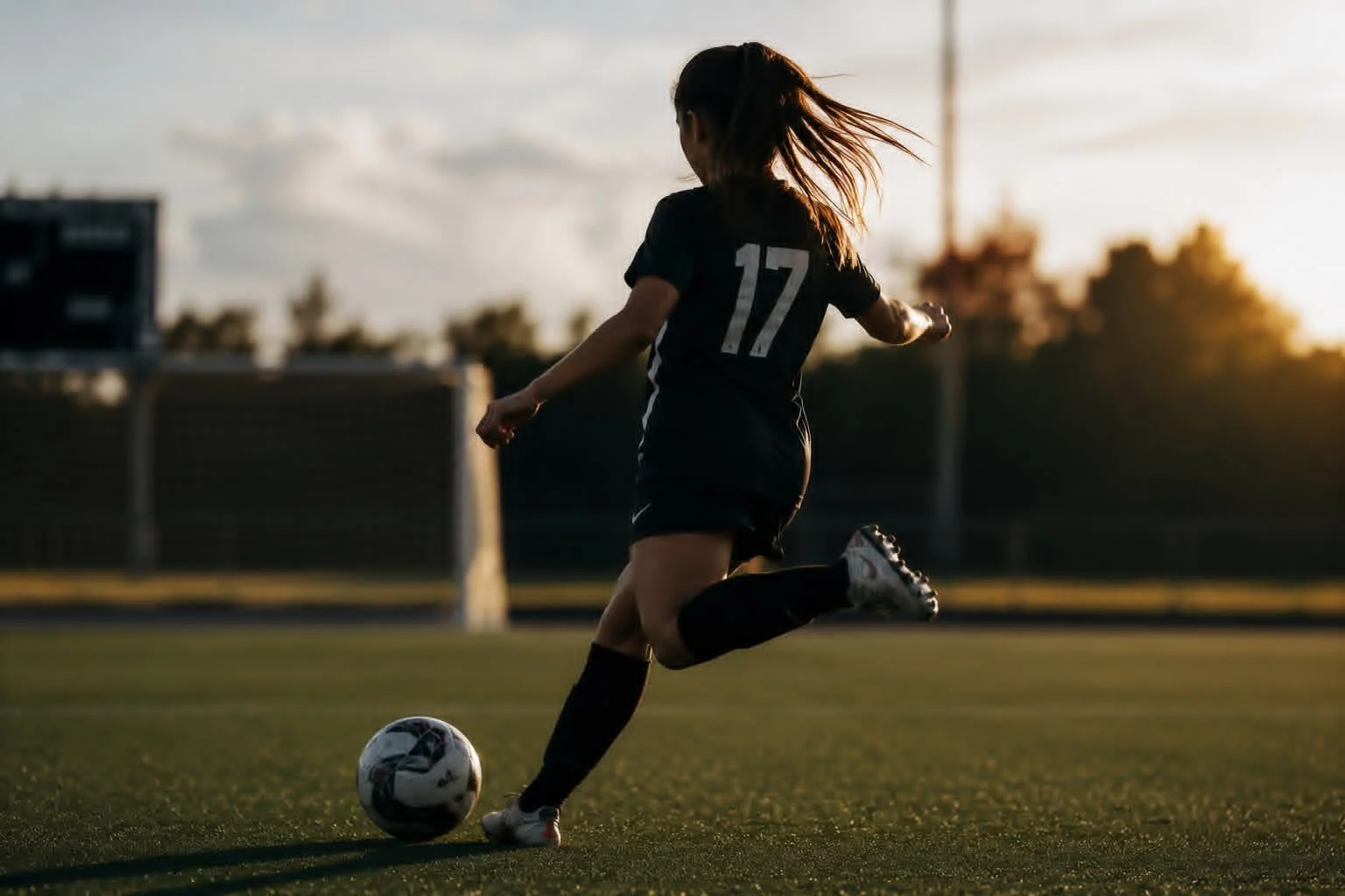 A female soccer player in a black uniform with the number 17 on her back is kicking a soccer ball on a field during sunset.