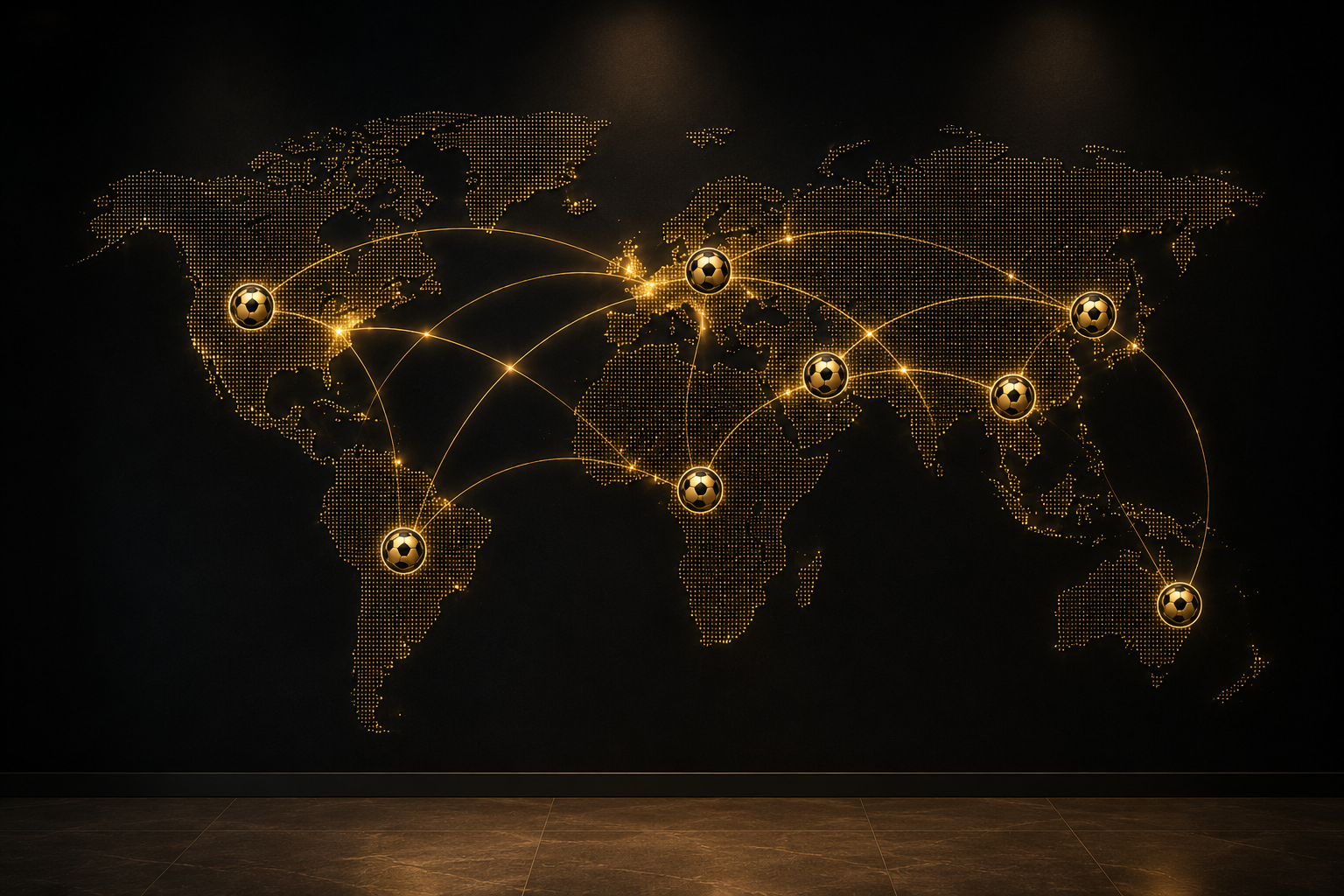 A digital world map with a black background, dotted gold continents, and interconnected gold lines. Soccer ball icons mark various global locations, illustrating international soccer connections.