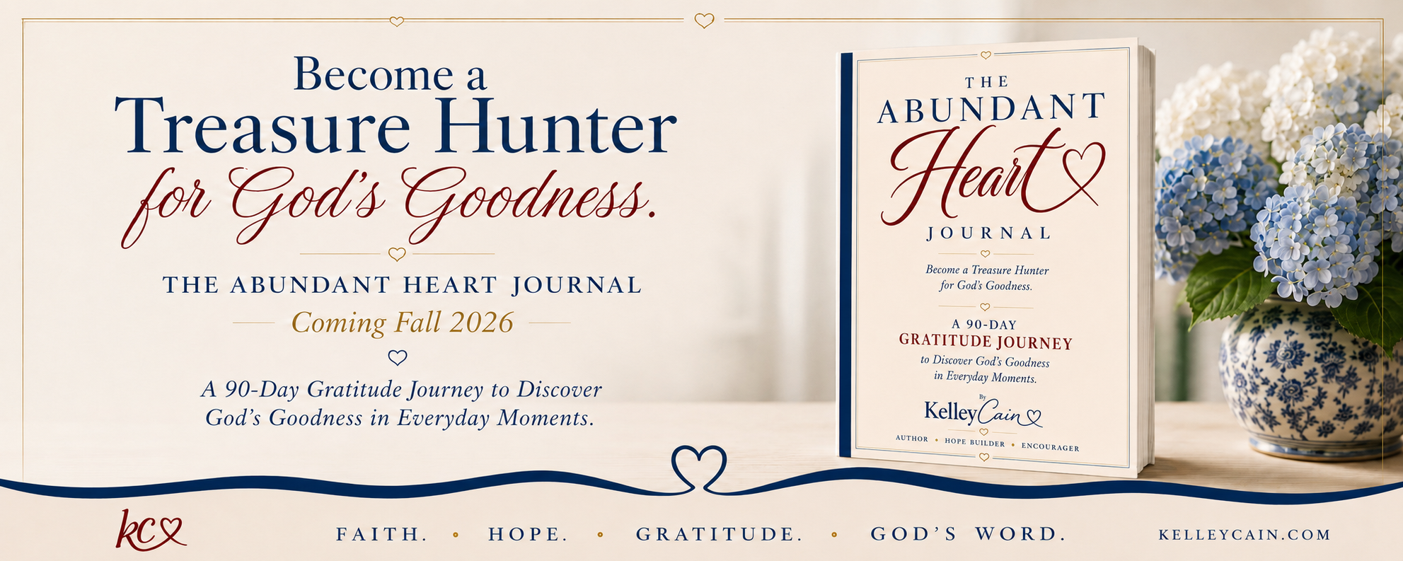 Cover of The Abundant Heart Journal, a 90-day Christian gratitude journal by Kelley Cain featuring daily gratitude, reflection, and prayer.