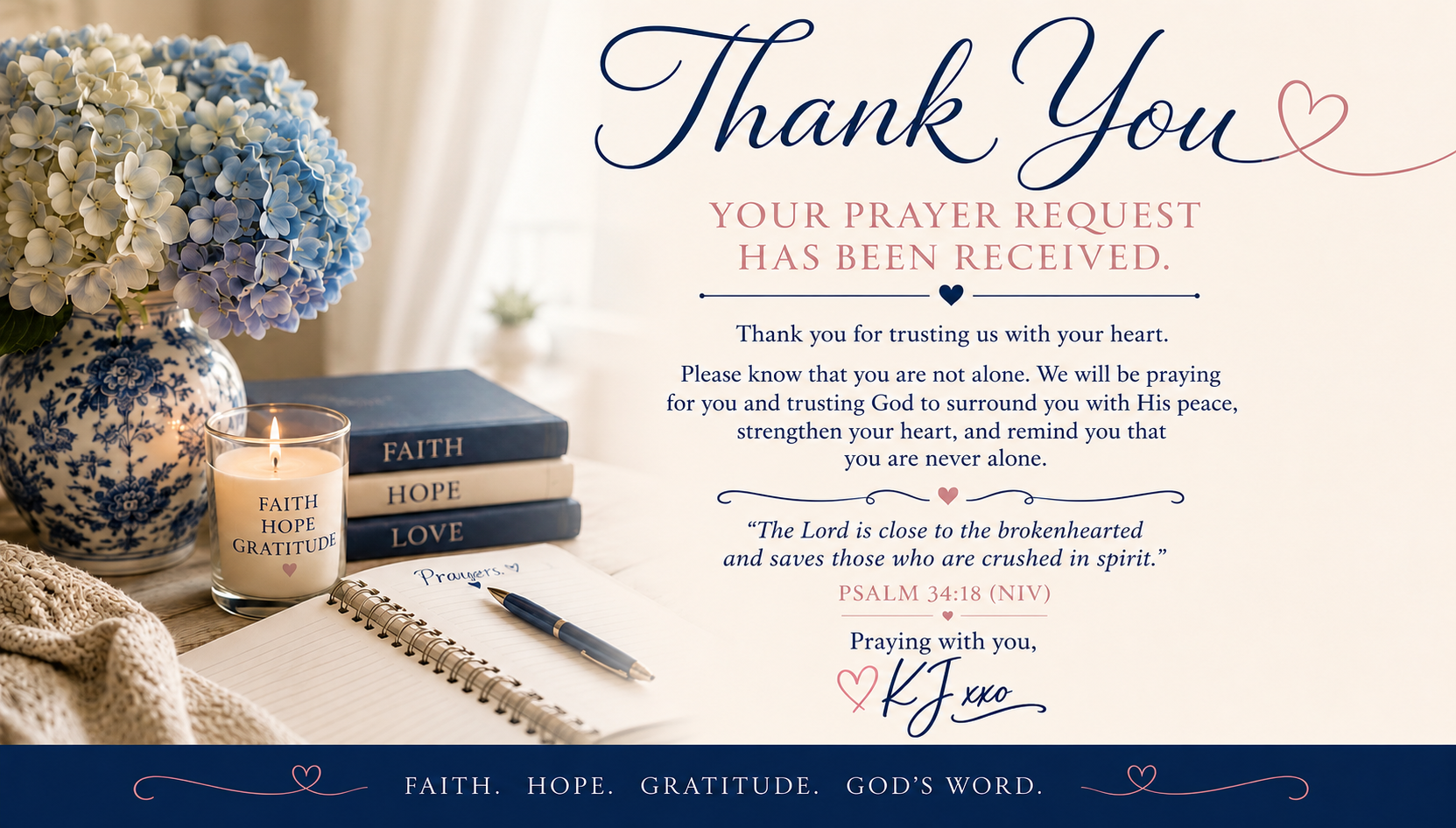 Thank you for your prayer request. Kelley Cain’s prayer team is honored to pray for you and trust God to meet you with His peace, comfort, and hope.