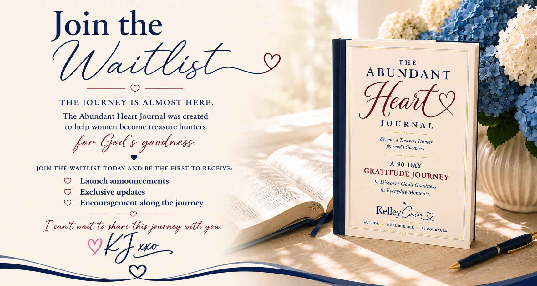 The Abundant Heart Journal by Kelley Cain with an invitation to join the waitlist for launch updates and exclusive news.
