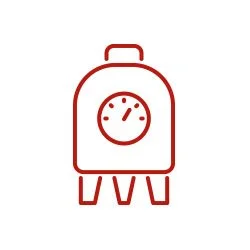 Simple red line drawing of a timer or stopwatch with a circular face and a rectangular body