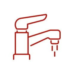 Red line illustration of a kitchen faucet with water dripping from the spout.