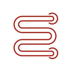 Illustration of a red heating radiator pipe with three bends.