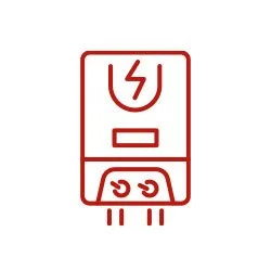 Red electrical device with a lightning bolt symbol and control knobs.