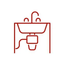 Red line drawing of a bathroom sink with faucet and plumbing.