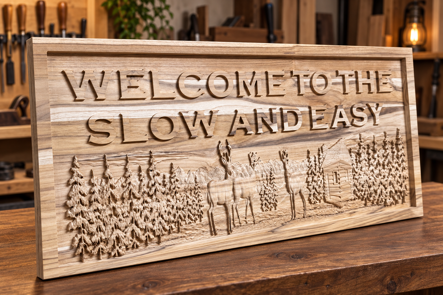 Wooden welcome sign with carved trees, deer, and cabin scene reading 'Welcome to the Slow and Easy'.