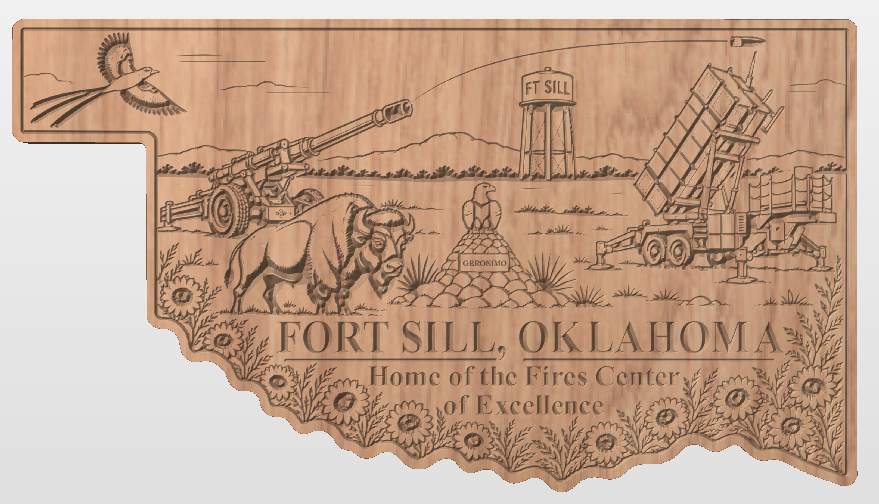 Custom Fort Sill, Oklahoma Carved Wooden Plaque

Celebrate the rich military heritage of Fort Sill, Oklahoma, with this detailed, custom carved wooden plaque featuring the distinctive outline of the state of Oklahoma.

This design brings together sev